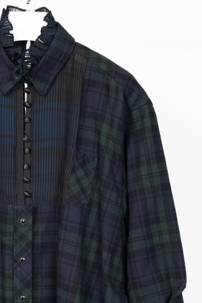 Sacai Green & Navy Plaid Cotton-Flannel Side-Pleat Dress