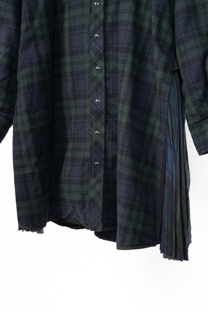 Sacai Green & Navy Plaid Cotton-Flannel Side-Pleat Dress