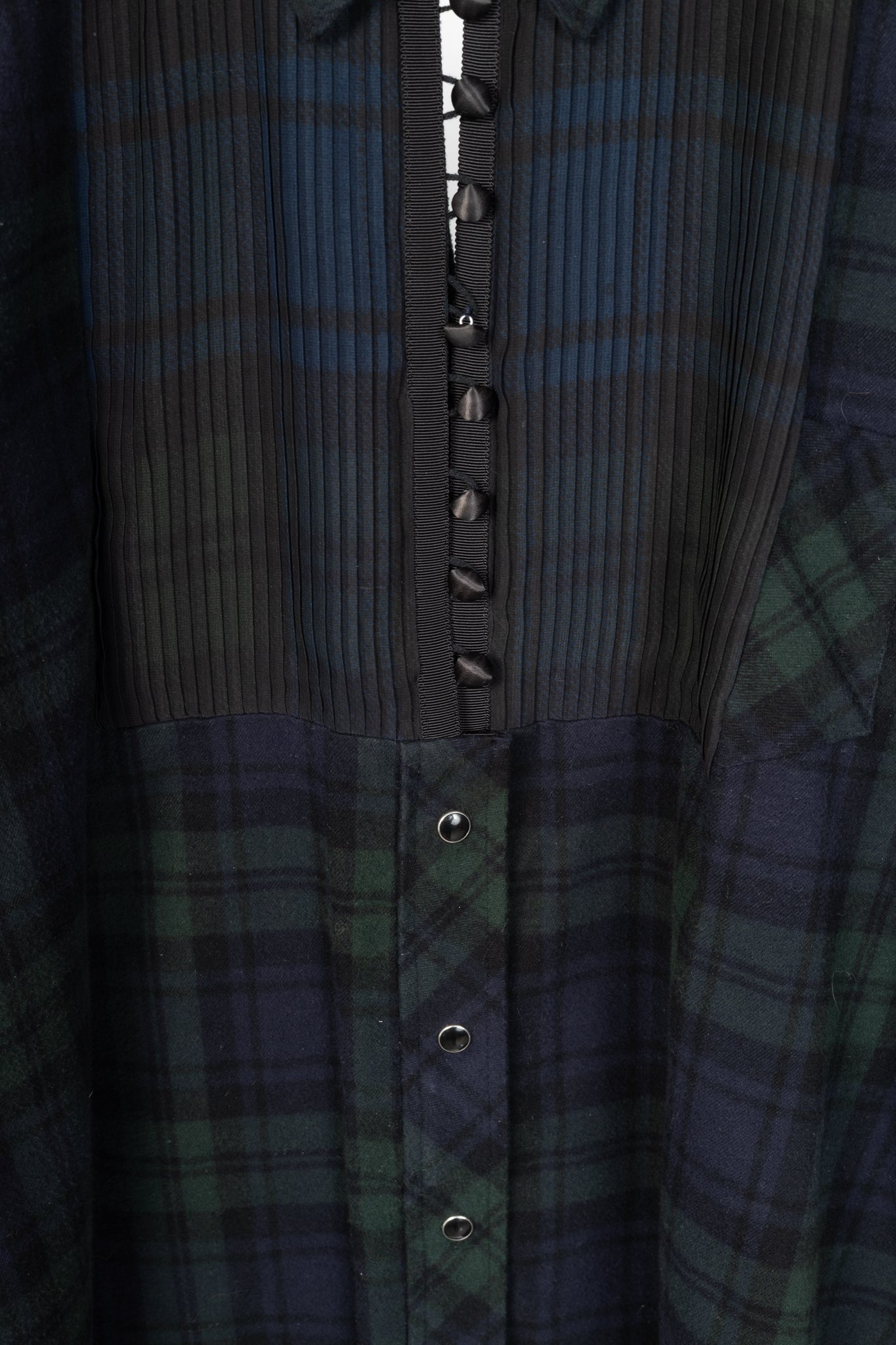 Sacai Green & Navy Plaid Cotton-Flannel Side-Pleat Dress