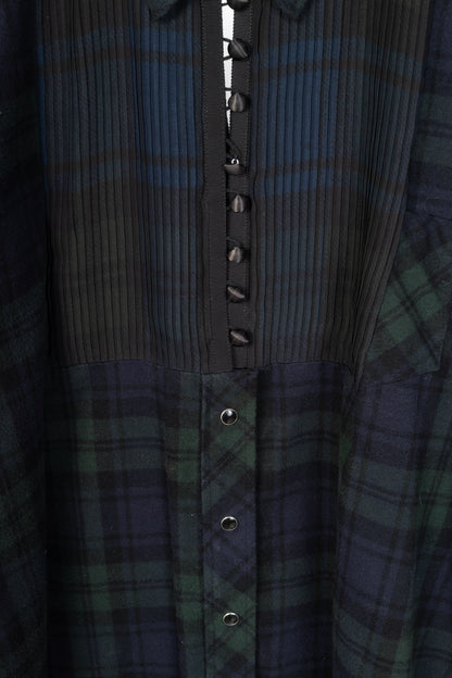 Sacai Green & Navy Plaid Cotton-Flannel Side-Pleat Dress