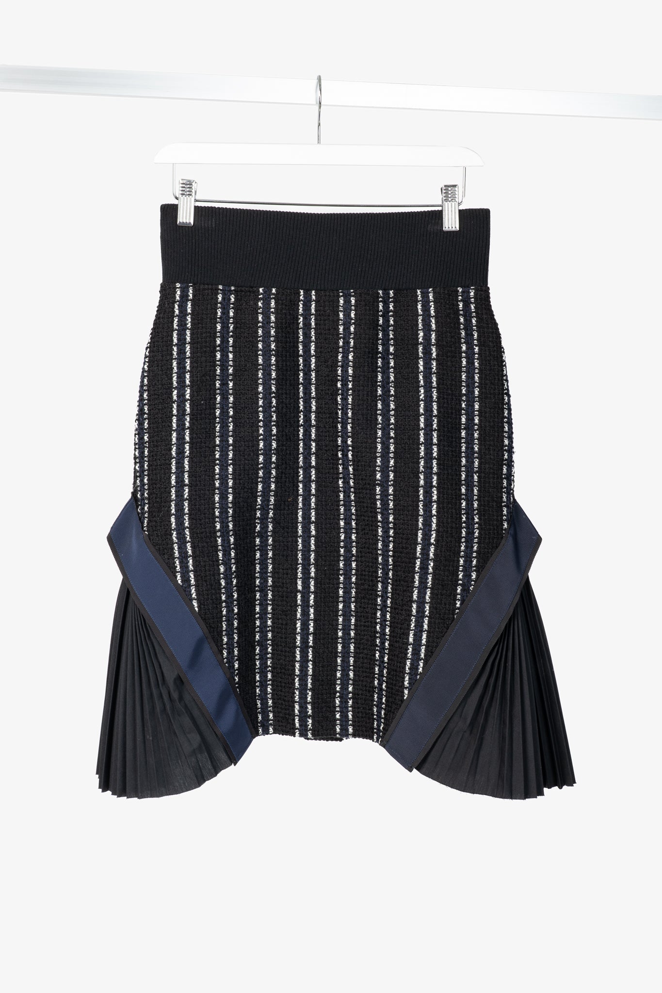 Sacai Luck R15 Black Striped Tweed Pleated-Trim Pencil Skirt