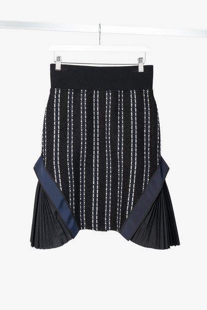 Sacai Luck R15 Black Striped Tweed Pleated-Trim Pencil Skirt