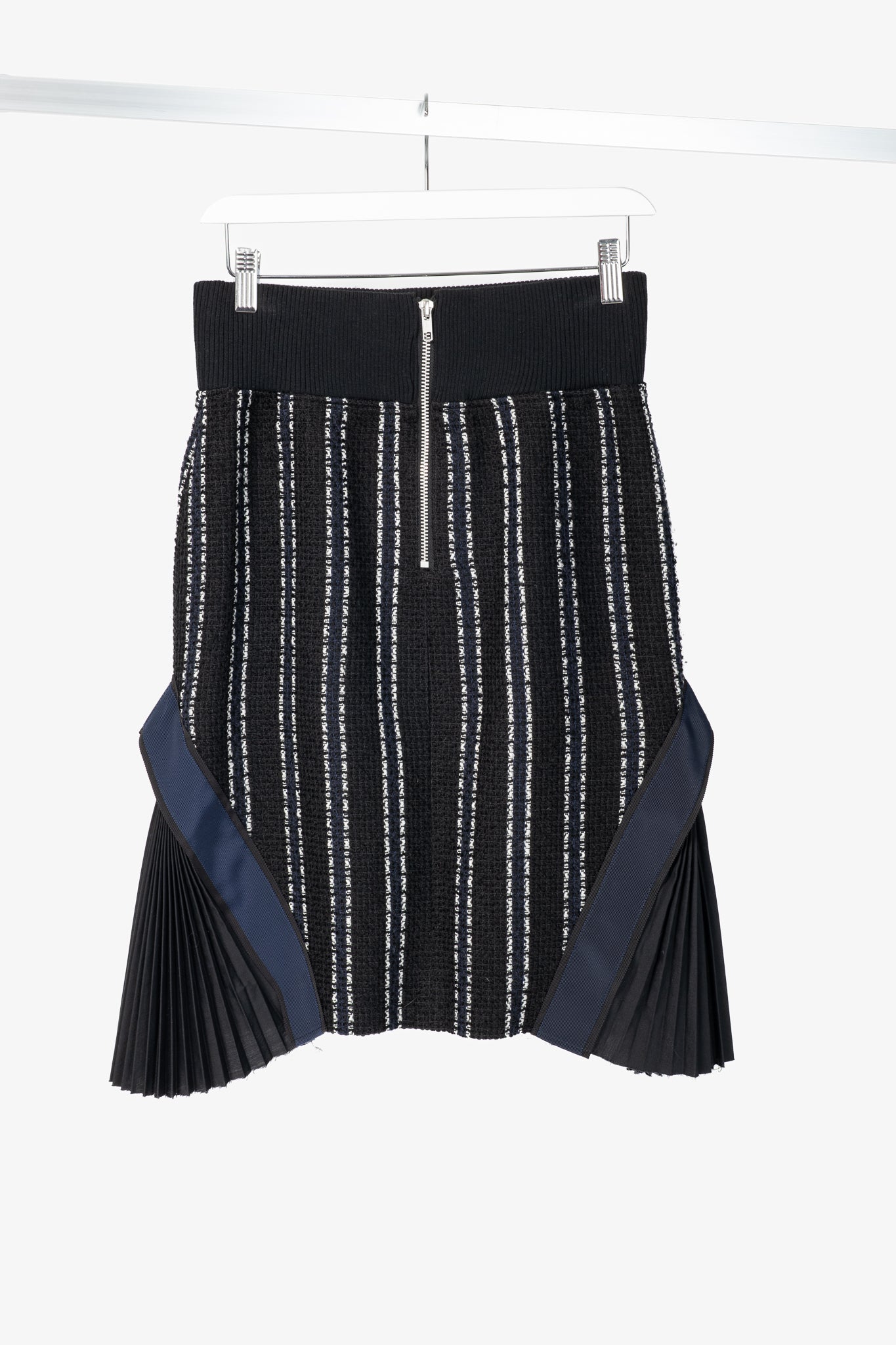 Sacai Luck R15 Black Striped Tweed Pleated-Trim Pencil Skirt