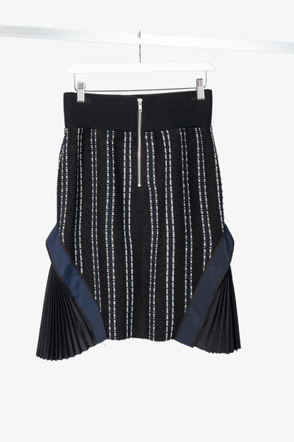 Sacai Luck R15 Black Striped Tweed Pleated-Trim Pencil Skirt