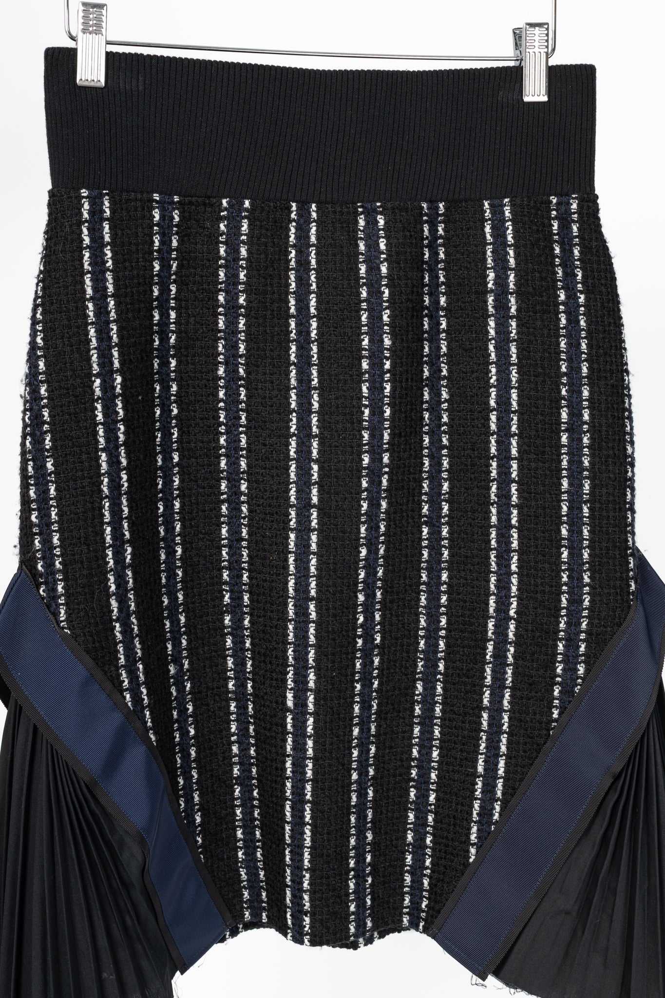 Sacai Luck R15 Black Striped Tweed Pleated-Trim Pencil Skirt