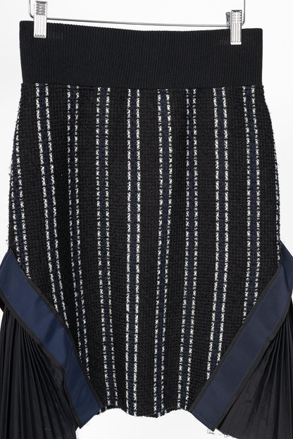 Sacai Luck R15 Black Striped Tweed Pleated-Trim Pencil Skirt
