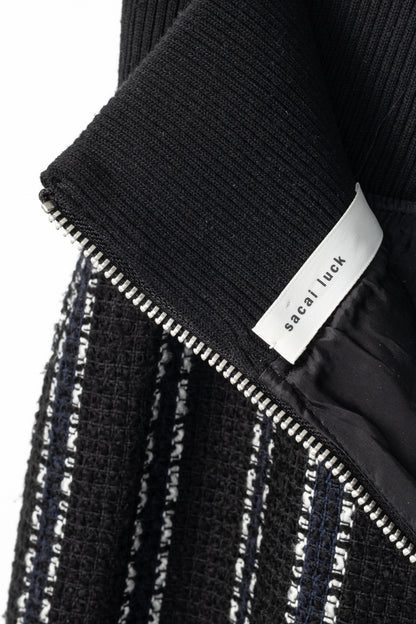 Sacai Luck R15 Black Striped Tweed Pleated-Trim Pencil Skirt