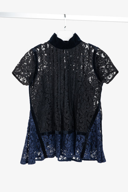 Sacai PF/16 Black & Blue Lace Velvet-Trim Blouse