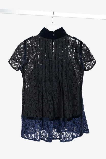 Sacai PF/16 Black & Blue Lace Velvet-Trim Blouse