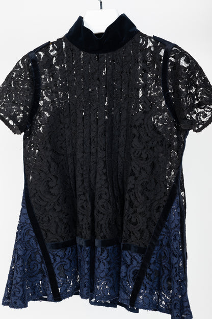 Sacai PF/16 Black & Blue Lace Velvet-Trim Blouse