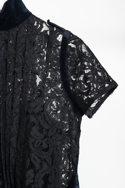 Sacai PF/16 Black & Blue Lace Velvet-Trim Blouse