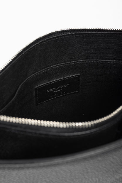 Saint Laurent Black Pebbled-Leather Flat Snap-Closure Clutch