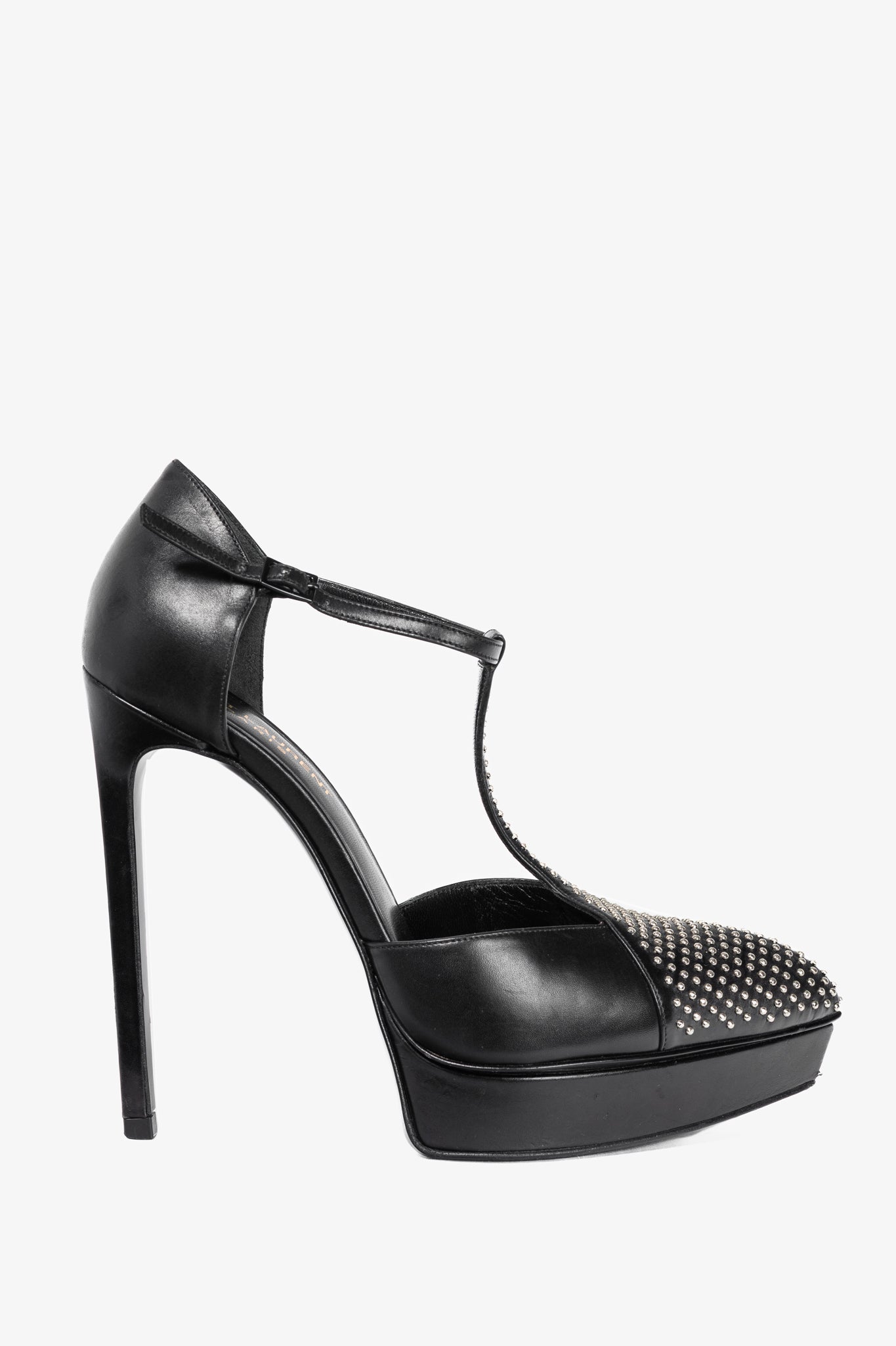 Saint Laurent Classic Janis 105 Black Leather Studded T-Strap Platform Pumps