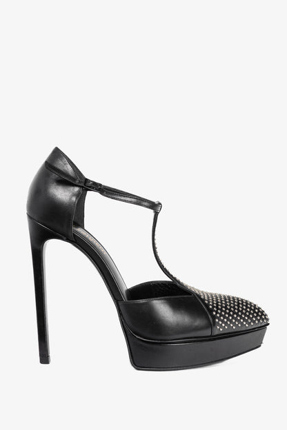 Saint Laurent Classic Janis 105 Black Leather Studded T-Strap Platform Pumps