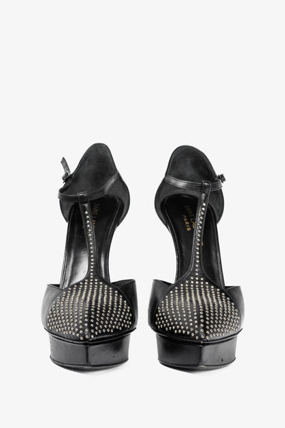 Saint Laurent Classic Janis 105 Black Leather Studded T-Strap Platform Pumps