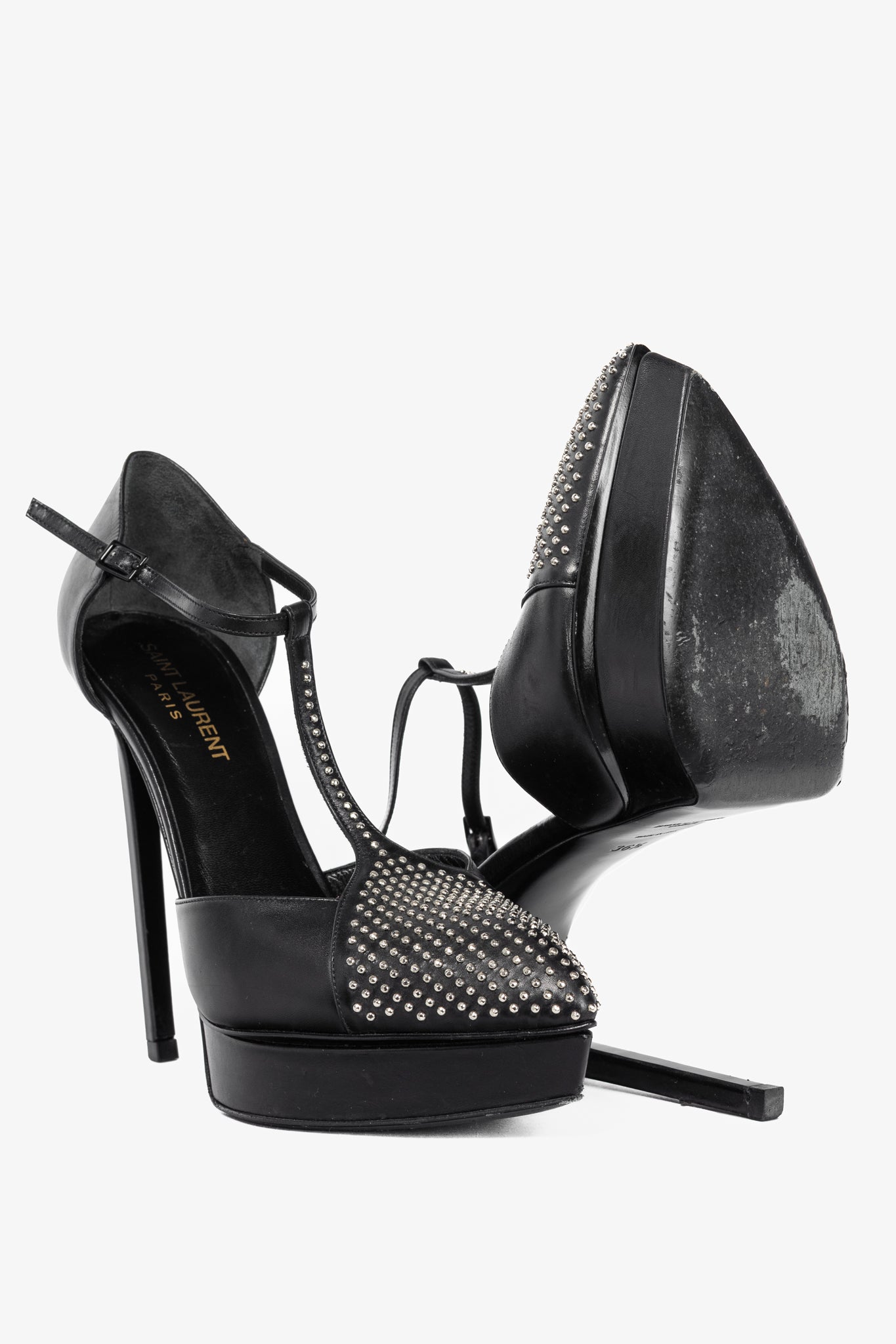 Saint Laurent Classic Janis 105 Black Leather Studded T-Strap Platform Pumps