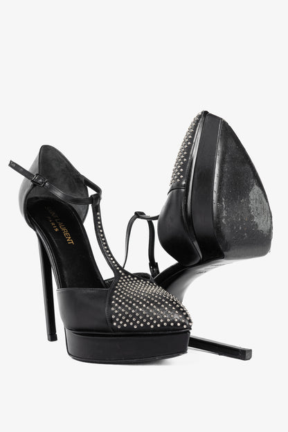 Saint Laurent Classic Janis 105 Black Leather Studded T-Strap Platform Pumps