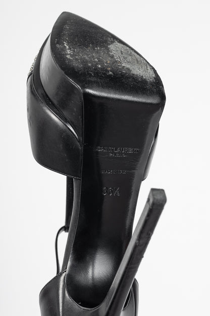 Saint Laurent Classic Janis 105 Black Leather Studded T-Strap Platform Pumps
