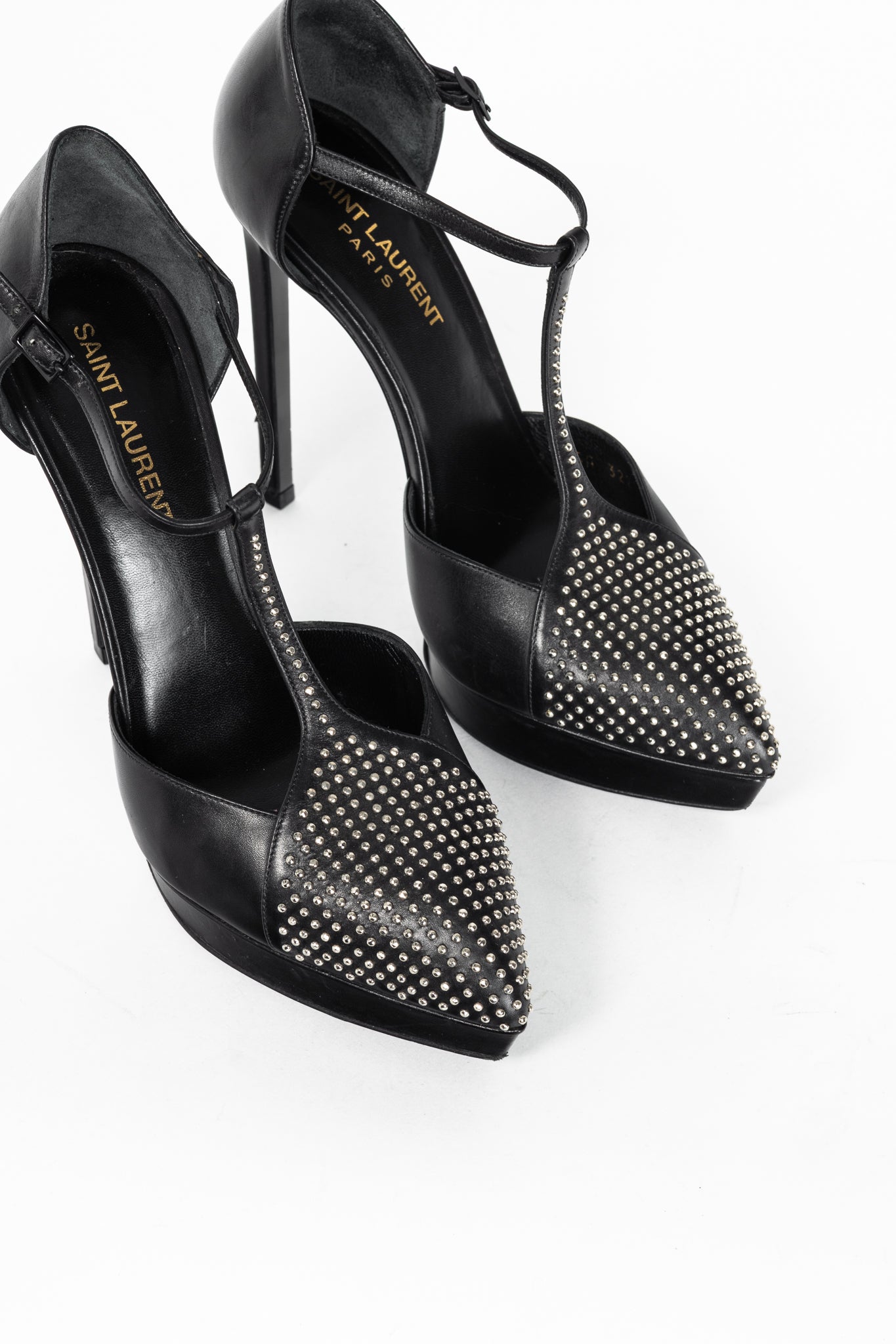 Saint Laurent Classic Janis 105 Black Leather Studded T-Strap Platform Pumps