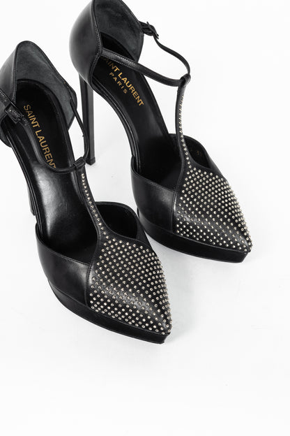 Saint Laurent Classic Janis 105 Black Leather Studded T-Strap Platform Pumps