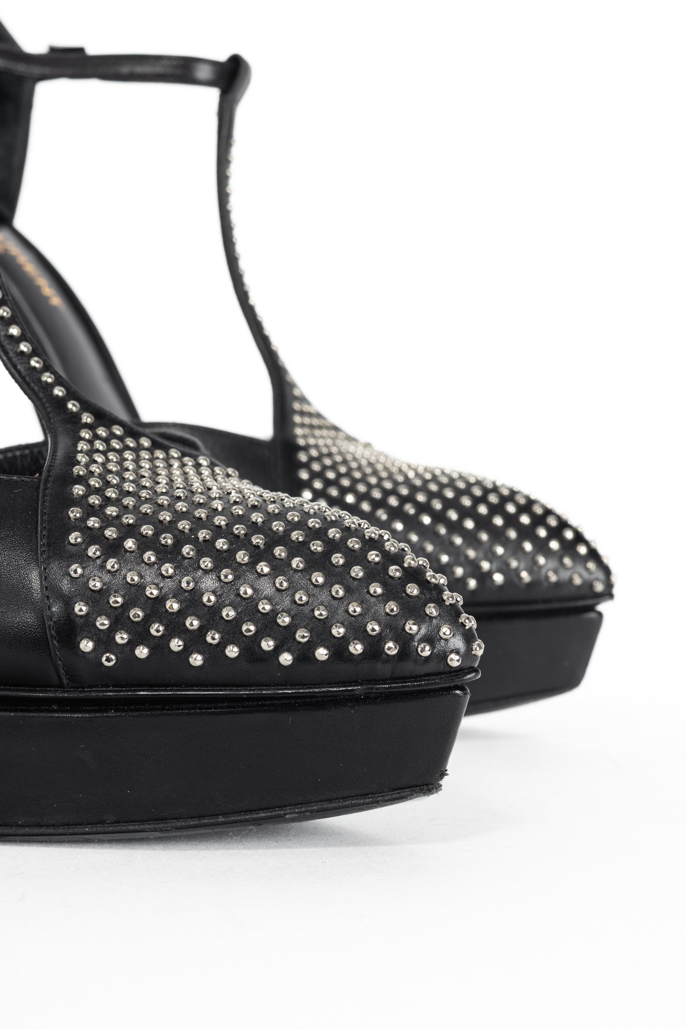 Saint Laurent Classic Janis 105 Black Leather Studded T-Strap Platform Pumps