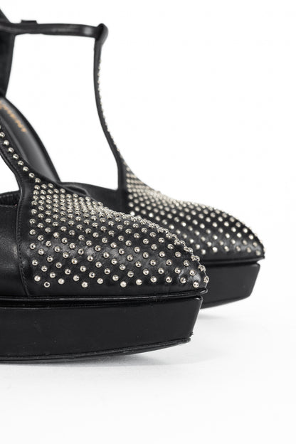 Saint Laurent Classic Janis 105 Black Leather Studded T-Strap Platform Pumps