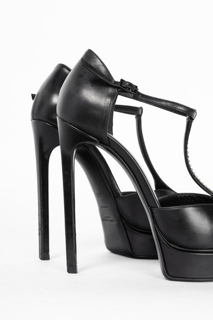 Saint Laurent Classic Janis 105 Black Leather Studded T-Strap Platform Pumps