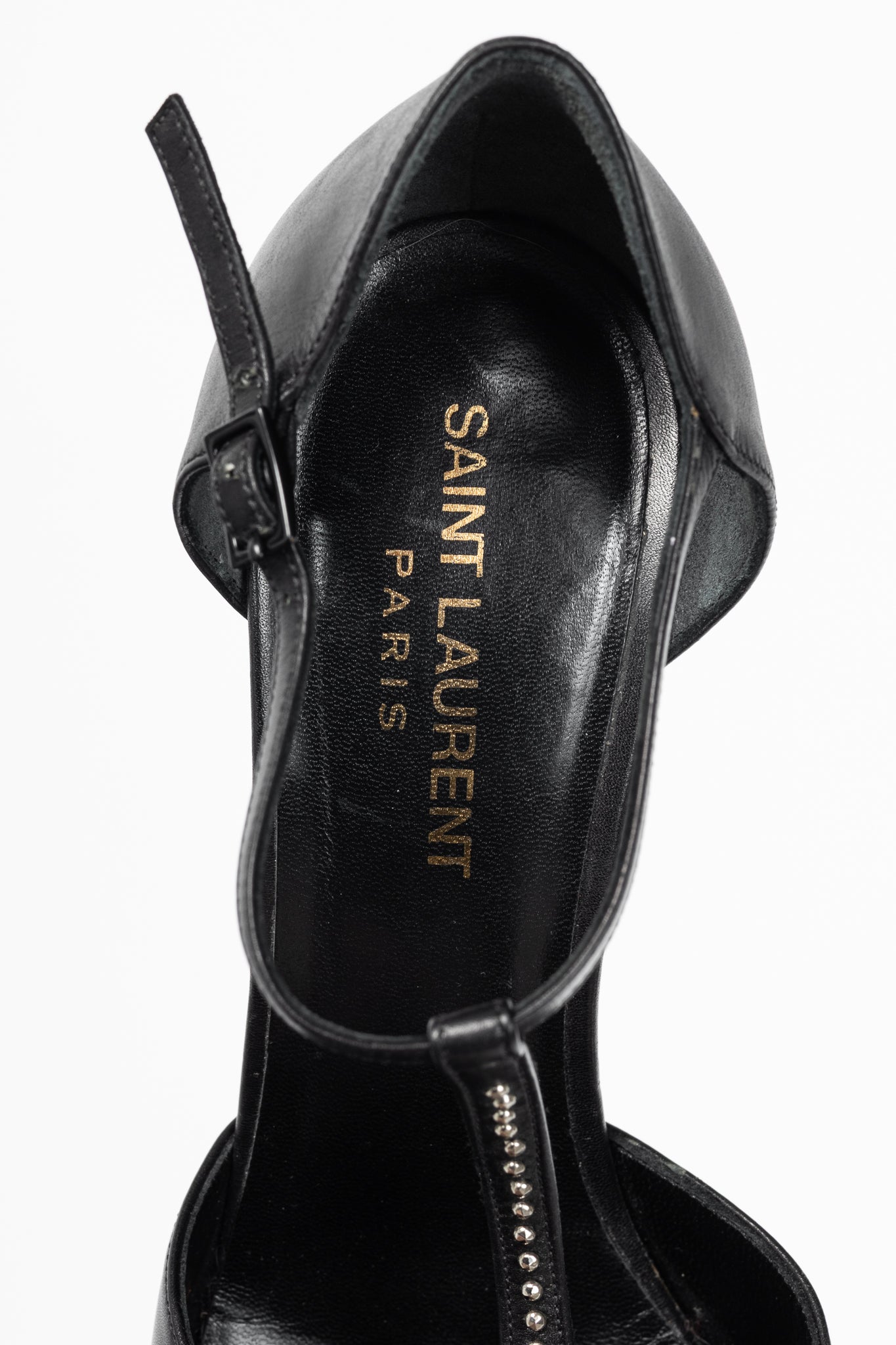 Saint Laurent Classic Janis 105 Black Leather Studded T-Strap Platform Pumps