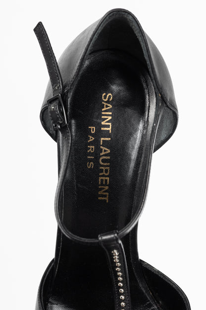 Saint Laurent Classic Janis 105 Black Leather Studded T-Strap Platform Pumps