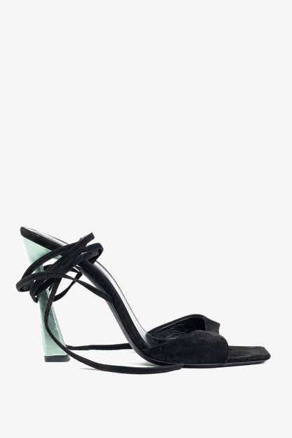 Saint Laurent Paz Black Suede Lace-Up Green-Heeled Sandals