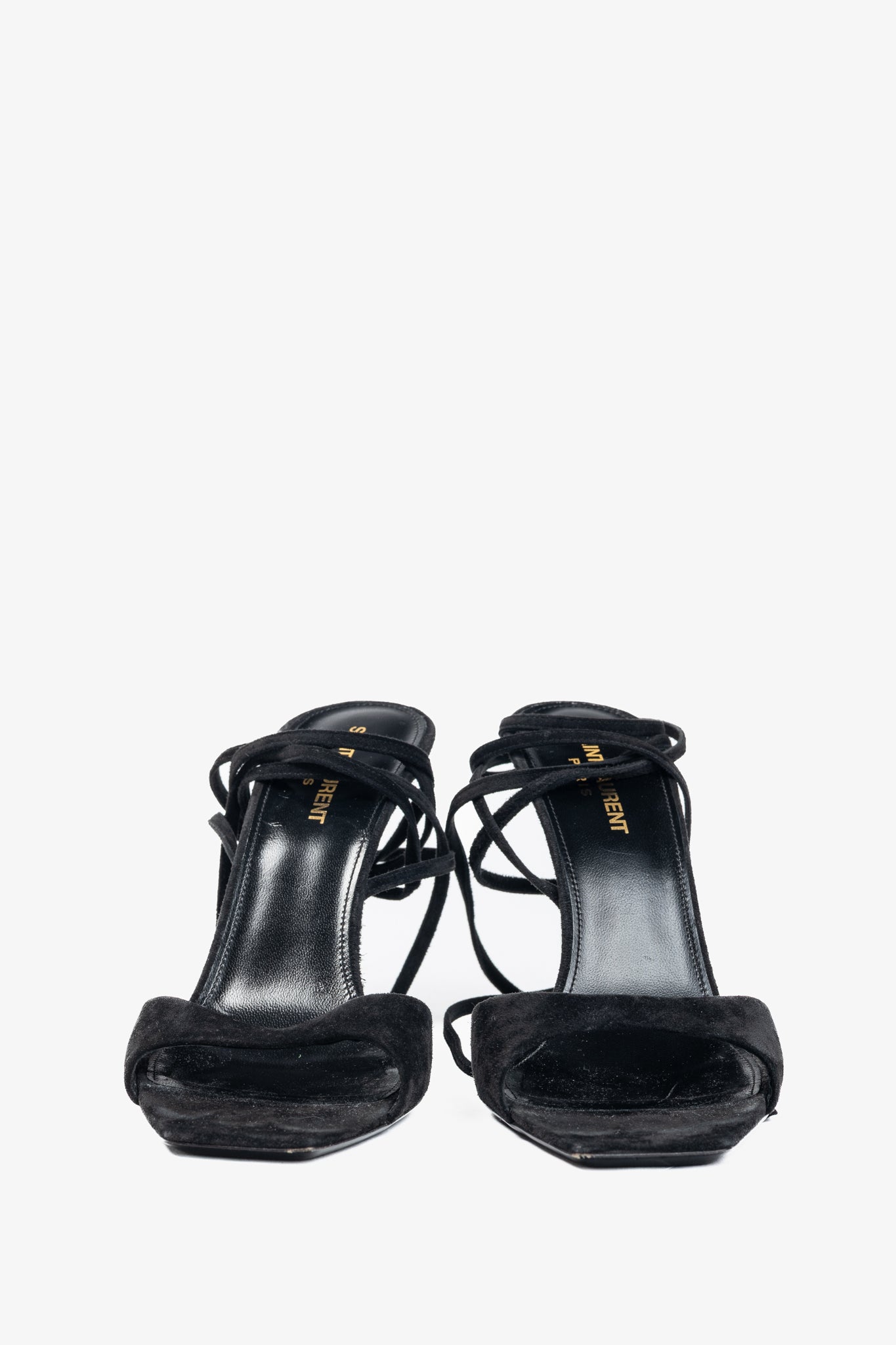 Saint Laurent Paz Black Suede Lace-Up Green-Heeled Sandals