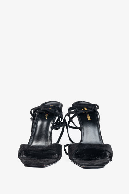 Saint Laurent Paz Black Suede Lace-Up Green-Heeled Sandals