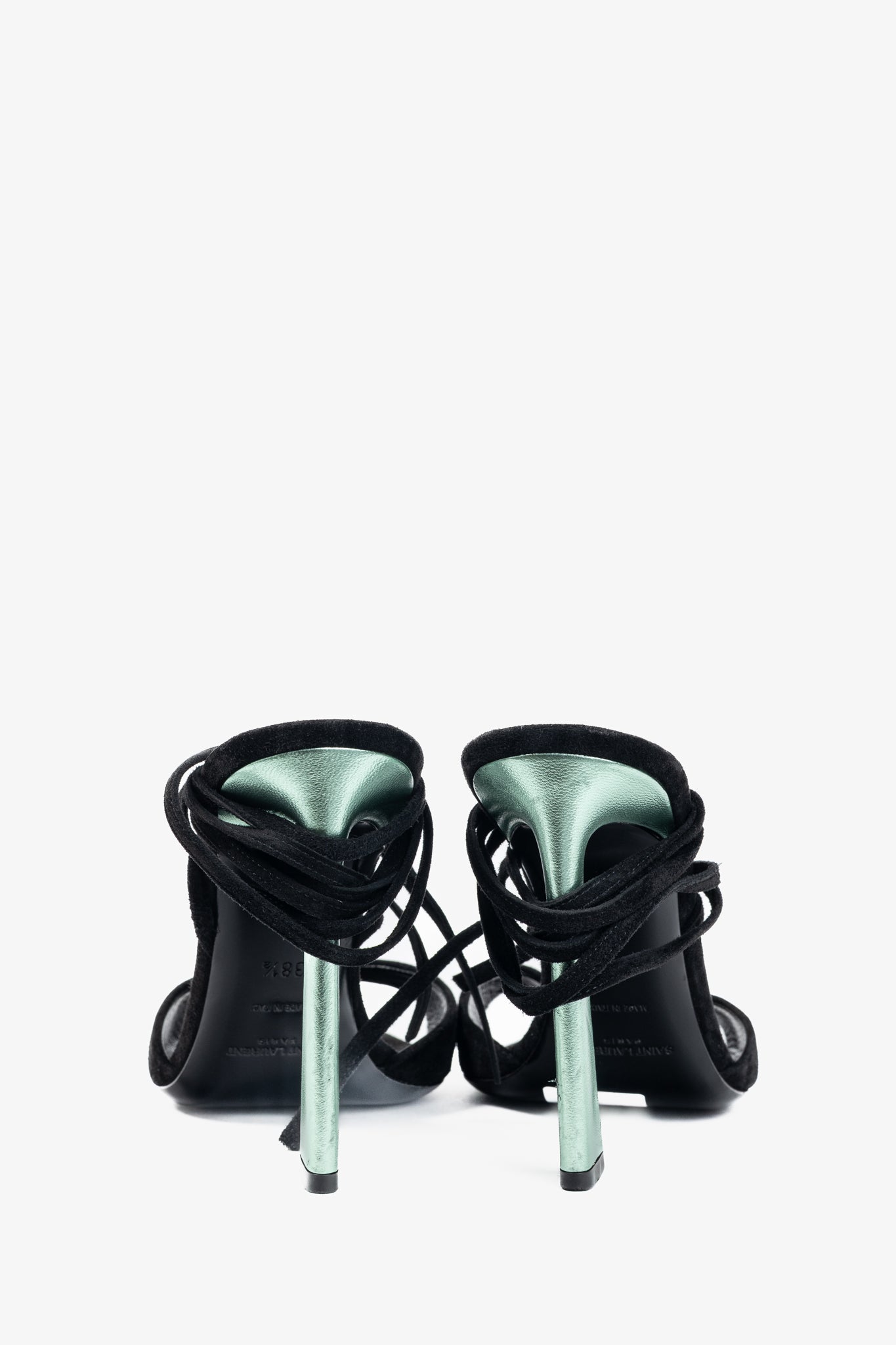 Saint Laurent Paz Black Suede Lace-Up Green-Heeled Sandals