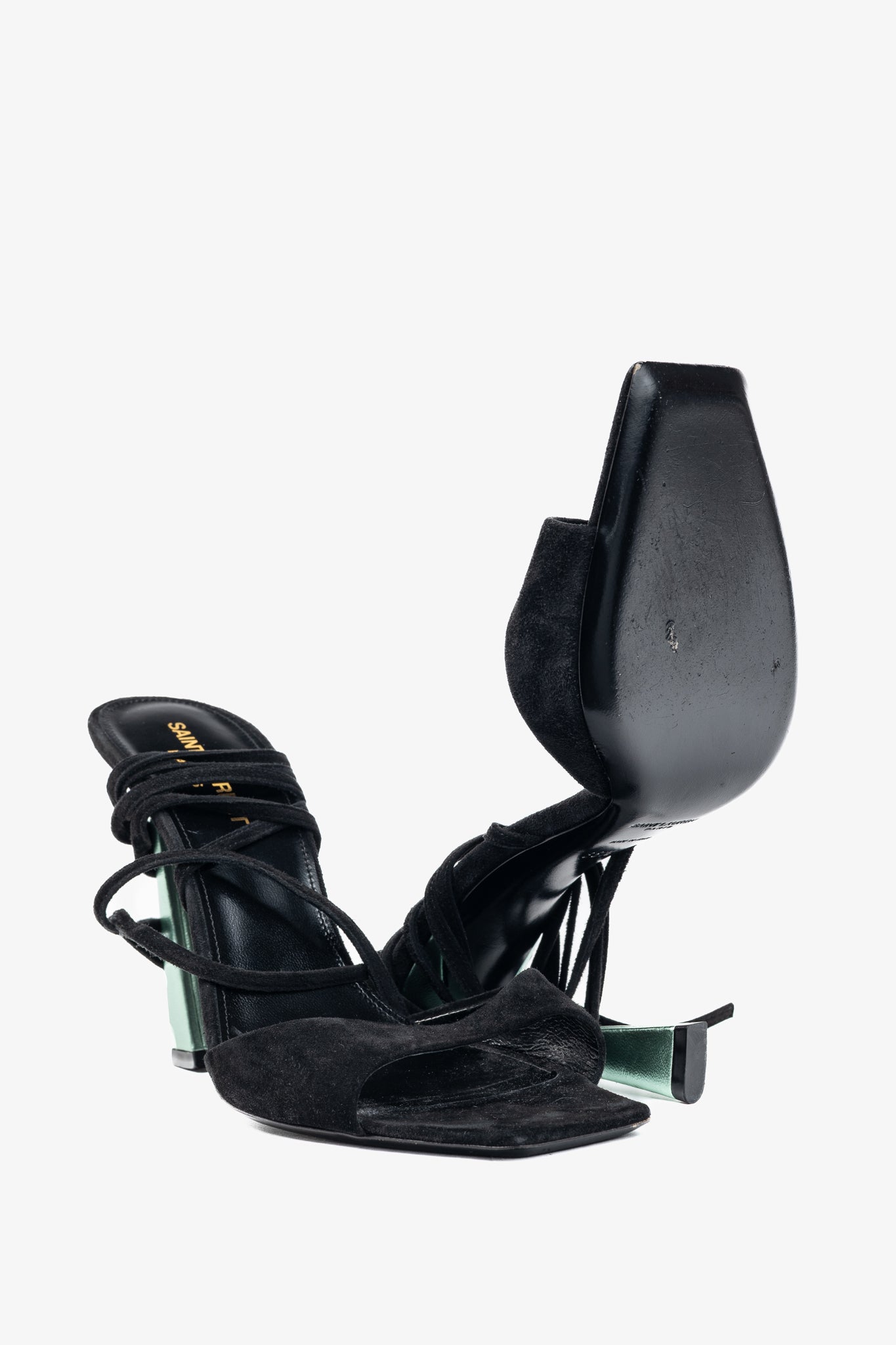 Saint Laurent Paz Black Suede Lace-Up Green-Heeled Sandals