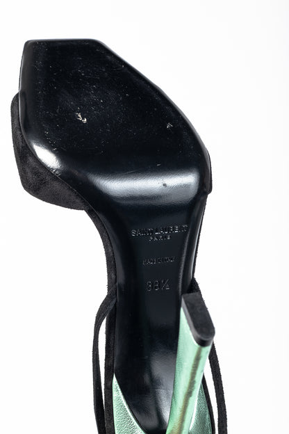Saint Laurent Paz Black Suede Lace-Up Green-Heeled Sandals