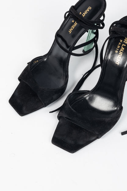 Saint Laurent Paz Black Suede Lace-Up Green-Heeled Sandals