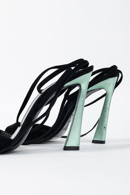 Saint Laurent Paz Black Suede Lace-Up Green-Heeled Sandals
