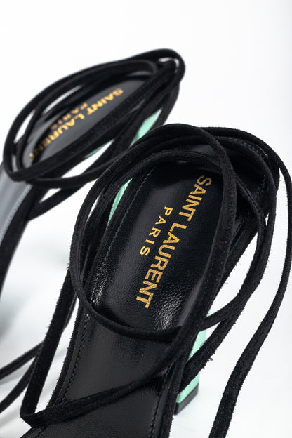 Saint Laurent Paz Black Suede Lace-Up Green-Heeled Sandals