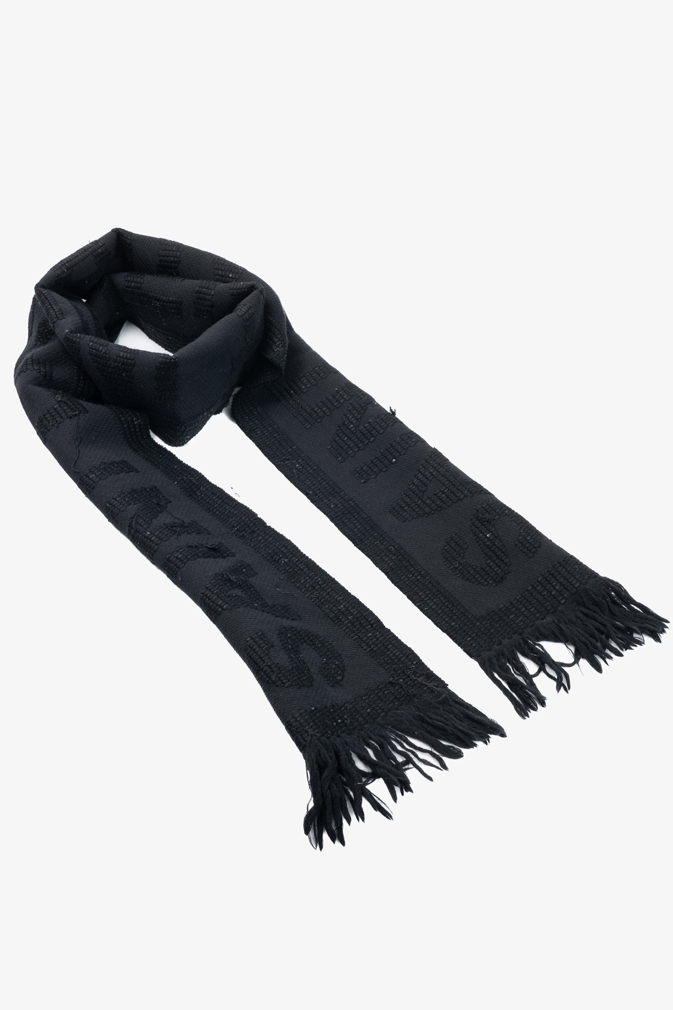 Saint Laurent Black Wool Sequined Logo-Jacquard Fringe Scarf