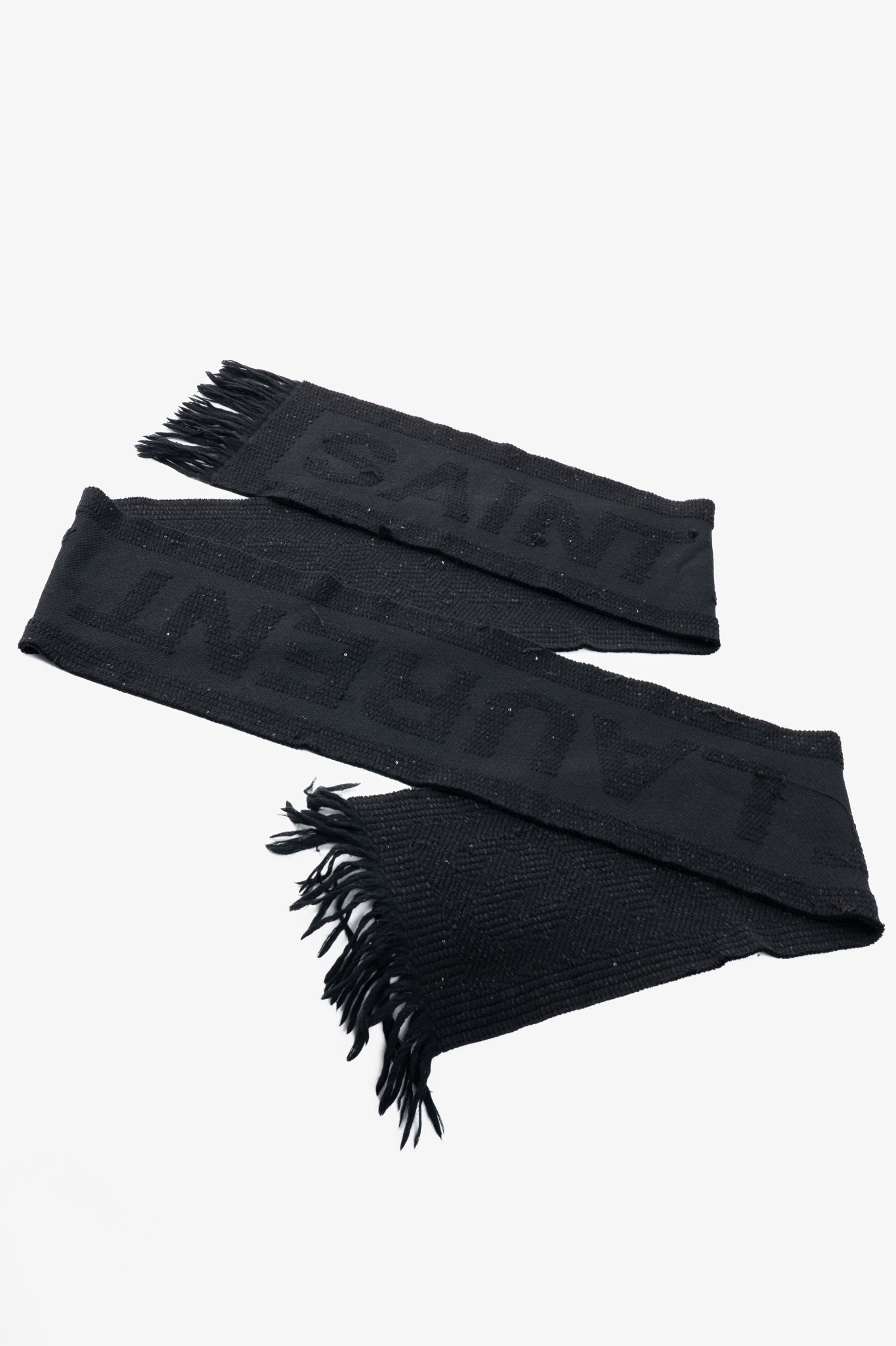 Saint Laurent Black Wool Sequined Logo-Jacquard Fringe Scarf