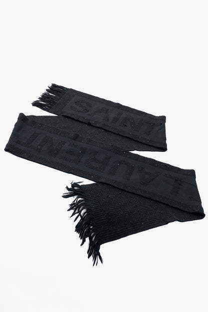 Saint Laurent Black Wool Sequined Logo-Jacquard Fringe Scarf