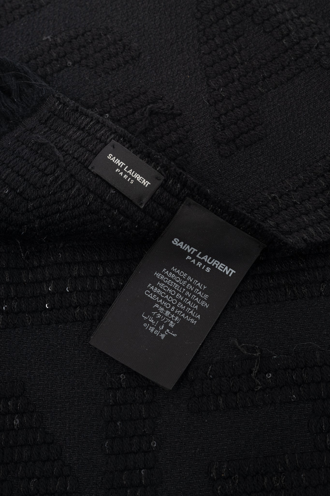 Saint Laurent Black Wool Sequined Logo-Jacquard Fringe Scarf