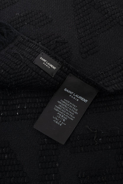 Saint Laurent Black Wool Sequined Logo-Jacquard Fringe Scarf
