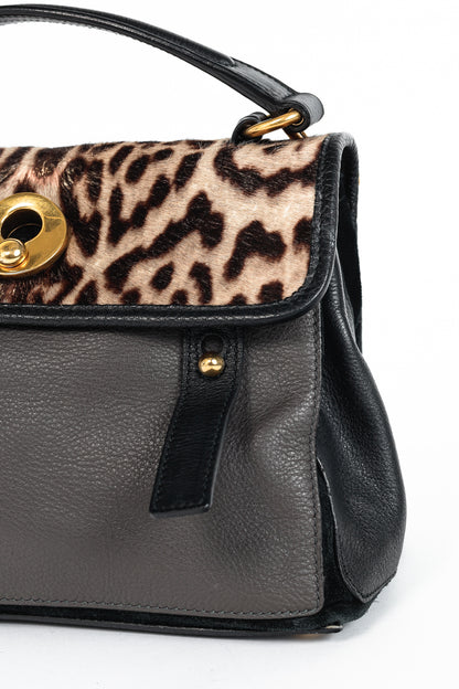 Yves Saint Laurent Small Muse Two Light Sepia Leopard Printed Cowhide & Black Leather Bag