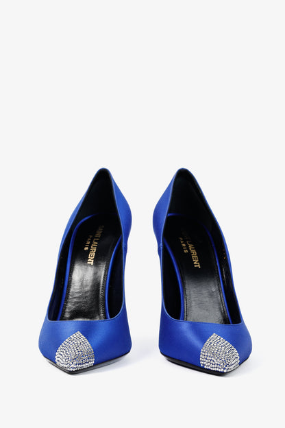 Saint Laurent Tower 110 Bleu Silk Satin Strass-Embellished Pointed-Toe Pumps