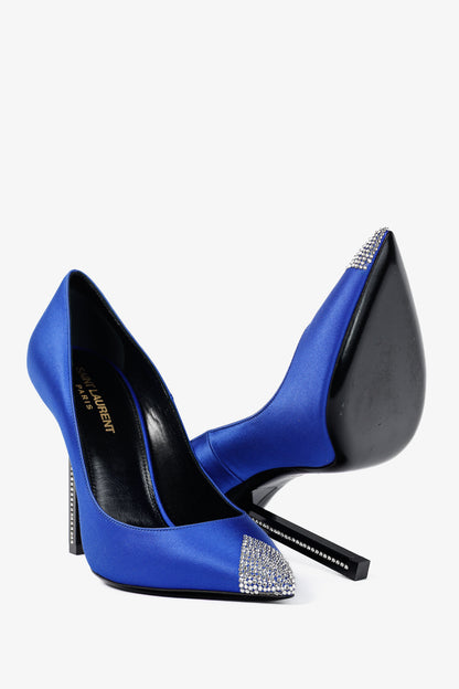 Saint Laurent Tower 110 Bleu Silk Satin Strass-Embellished Pointed-Toe Pumps