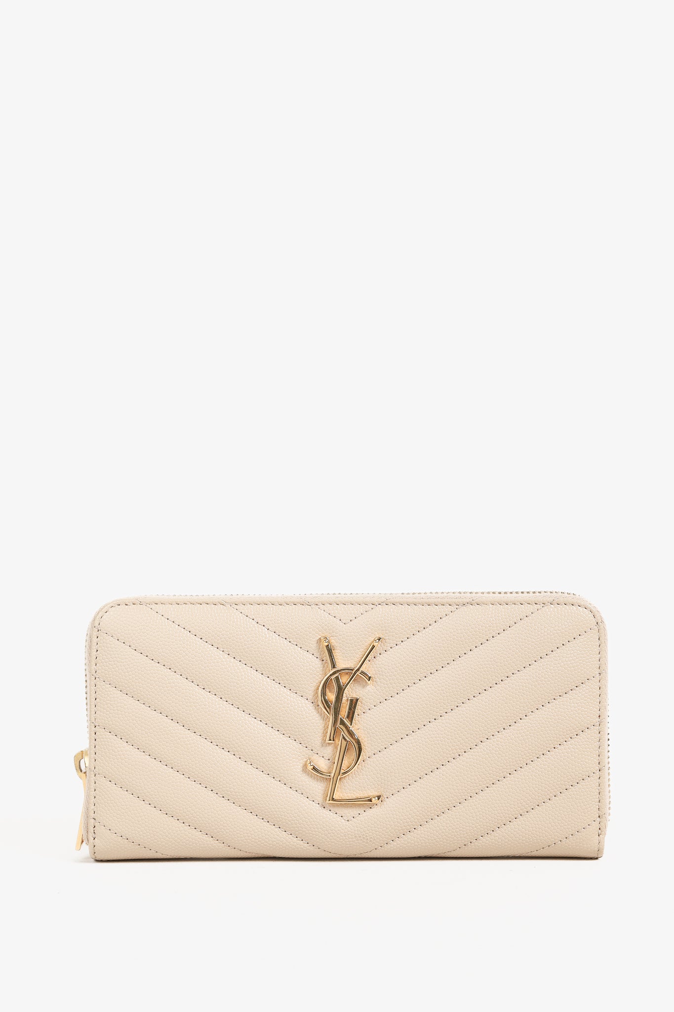 Saint Laurent Dark Beige Grain de Poudre Mattelasse Chevron YSL Monogram Wallet