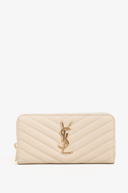 Saint Laurent Dark Beige Grain de Poudre Mattelasse Chevron YSL Monogram Wallet