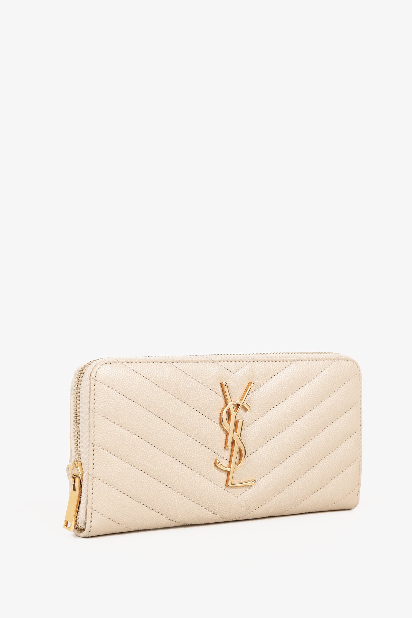 Saint Laurent Dark Beige Grain de Poudre Mattelasse Chevron YSL Monogram Wallet