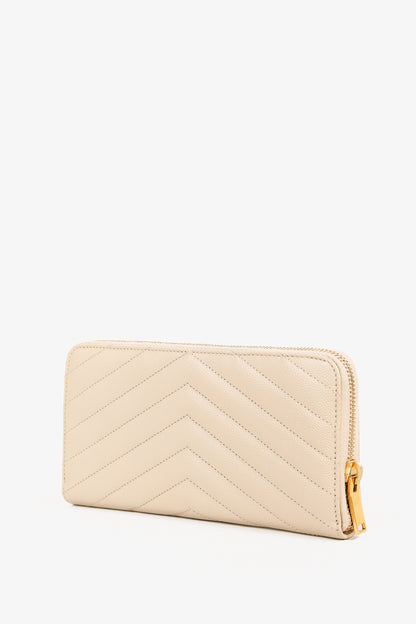 Saint Laurent Dark Beige Grain de Poudre Mattelasse Chevron YSL Monogram Wallet